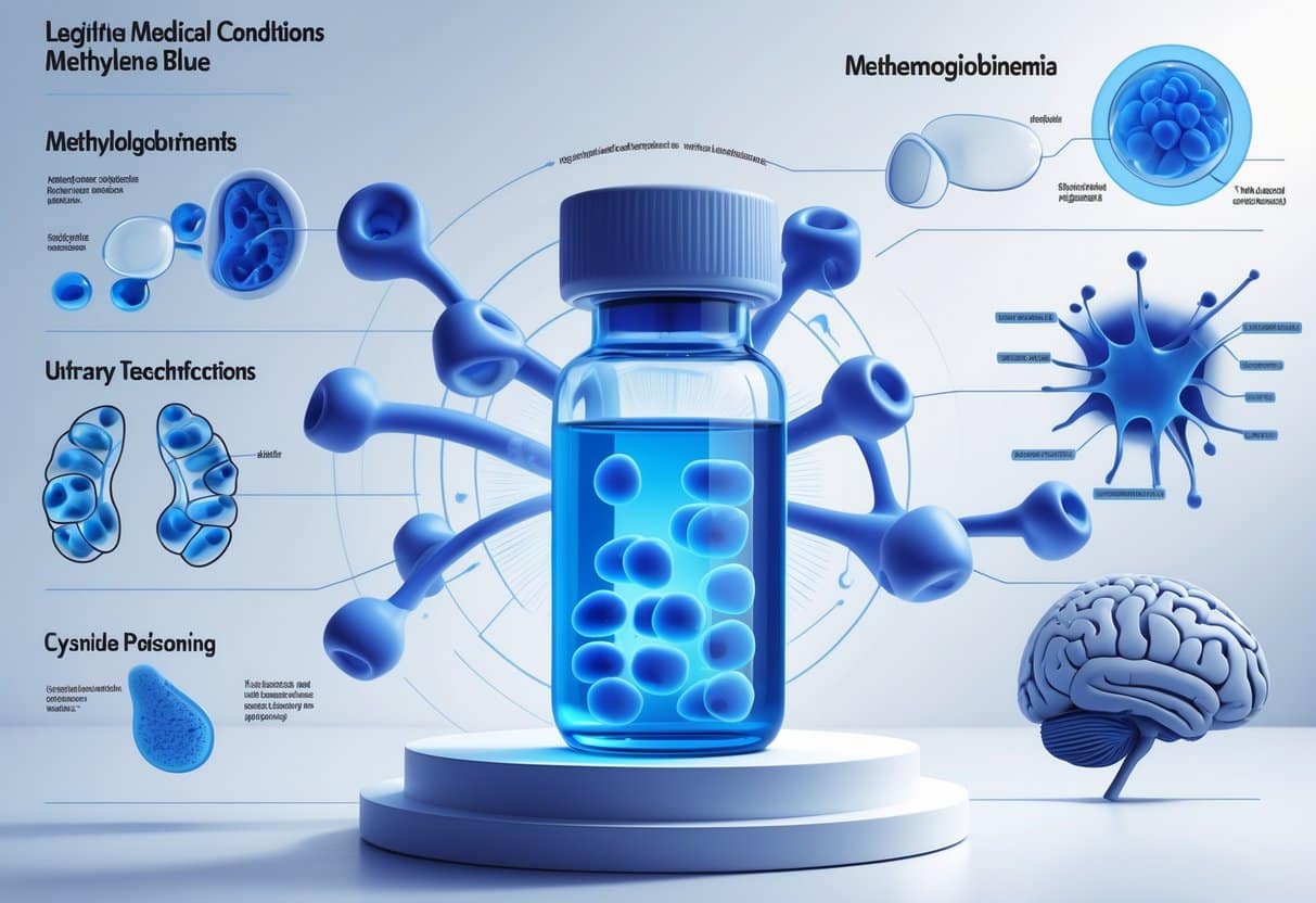 A medical illustration showing the methylene blue molecule surrounded by images representing blood disorders, urinary system, cellular respiration, and brain to depict conditions treated with methylene blue.