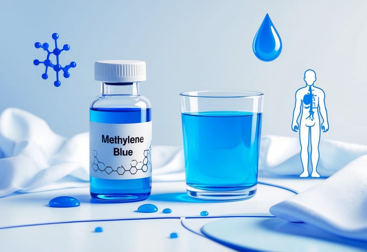 A medical vial with blue liquid, a glass of blue-tinted water, and icons showing blue staining and a human urinary system highlighted in blue.