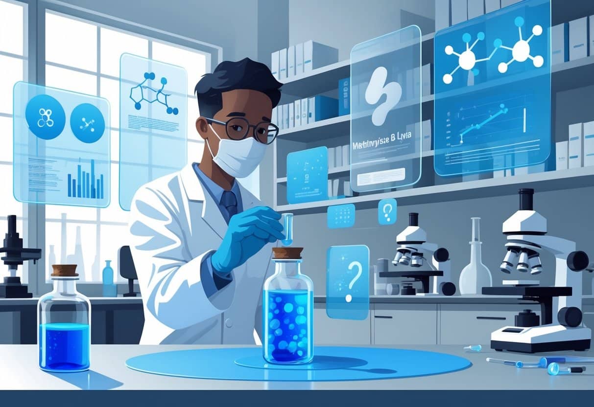 A researcher in a lab coat examines a vial of blue liquid in a laboratory surrounded by floating molecular diagrams and data charts.