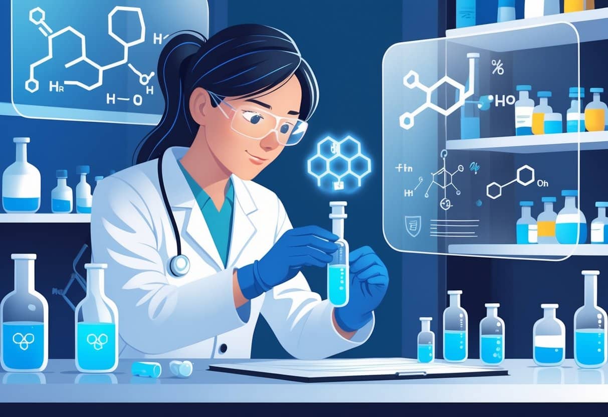 A scientist in a laboratory examining a vial of blue liquid surrounded by floating molecular diagrams and safety icons.