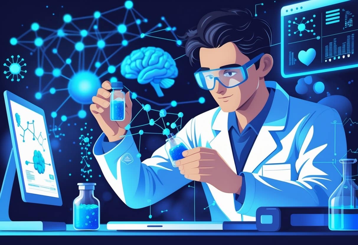 A scientist in a lab coat handling a vial of blue liquid with molecular structures and digital health icons in the background.