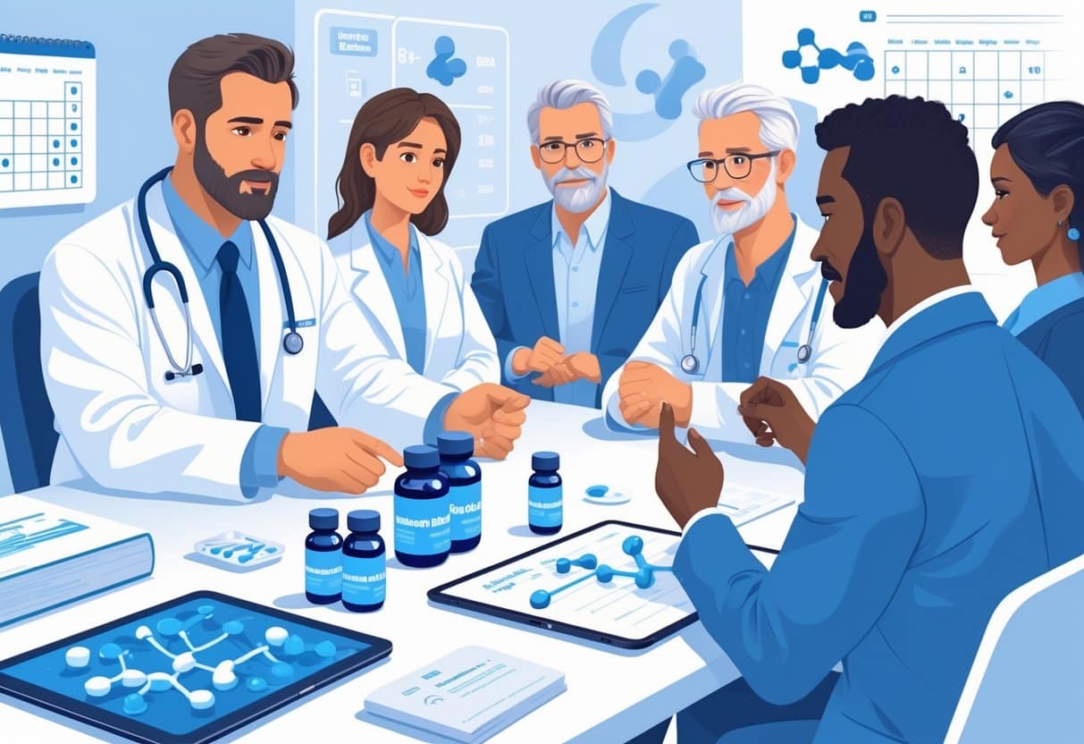 A healthcare professional explains precautions about methylene blue supplements to a group of adults in a medical consultation room with bottles and reference materials on the table.