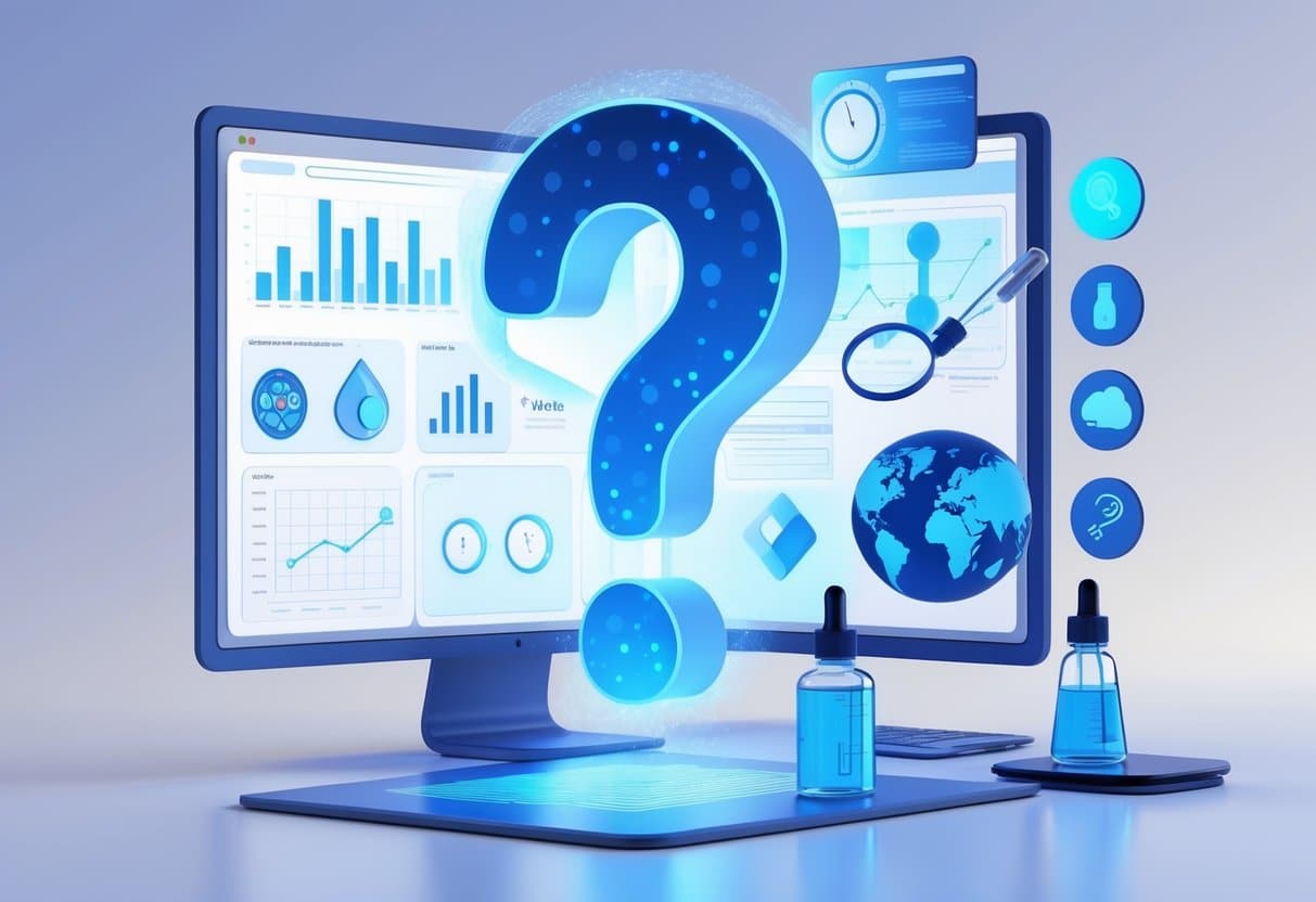 A digital illustration showing a large glowing question mark surrounded by ten icons representing topics about methylene blue, including a molecule, a computer screen, a magnifying glass, a light bulb, a clock, a shield, a brain, a dropper bottle, a chemical flask, and a globe.