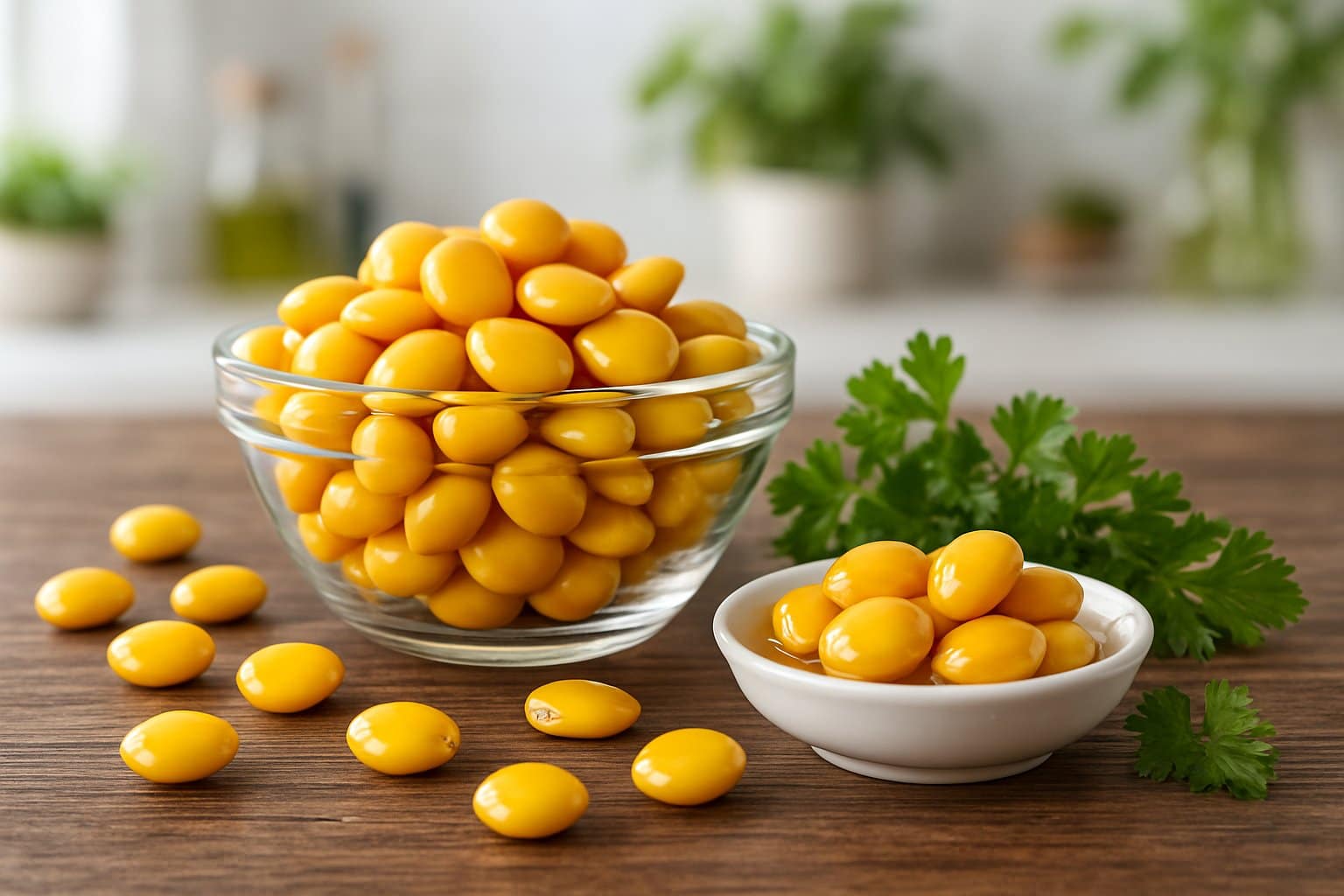 A bowl of yellow lupini beans on a wooden table with some beans scattered around and fresh green herbs nearby.