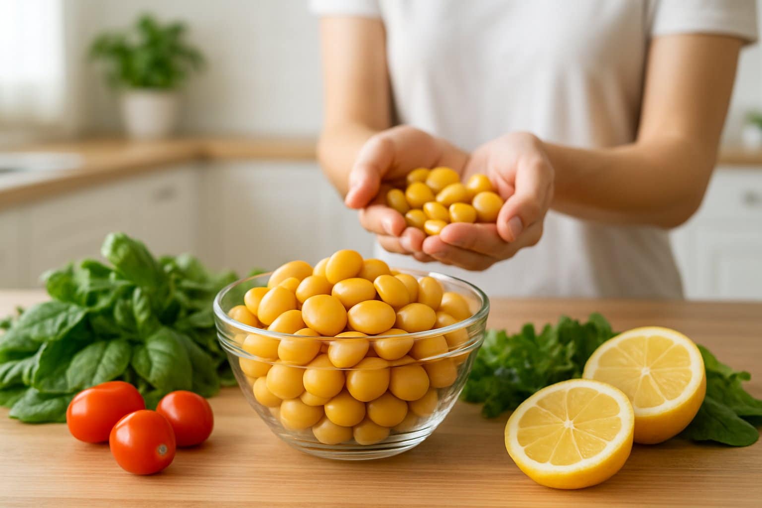 A bowl of cooked lupini beans on a wooden table with fresh vegetables nearby and hands holding some beans in a kitchen.