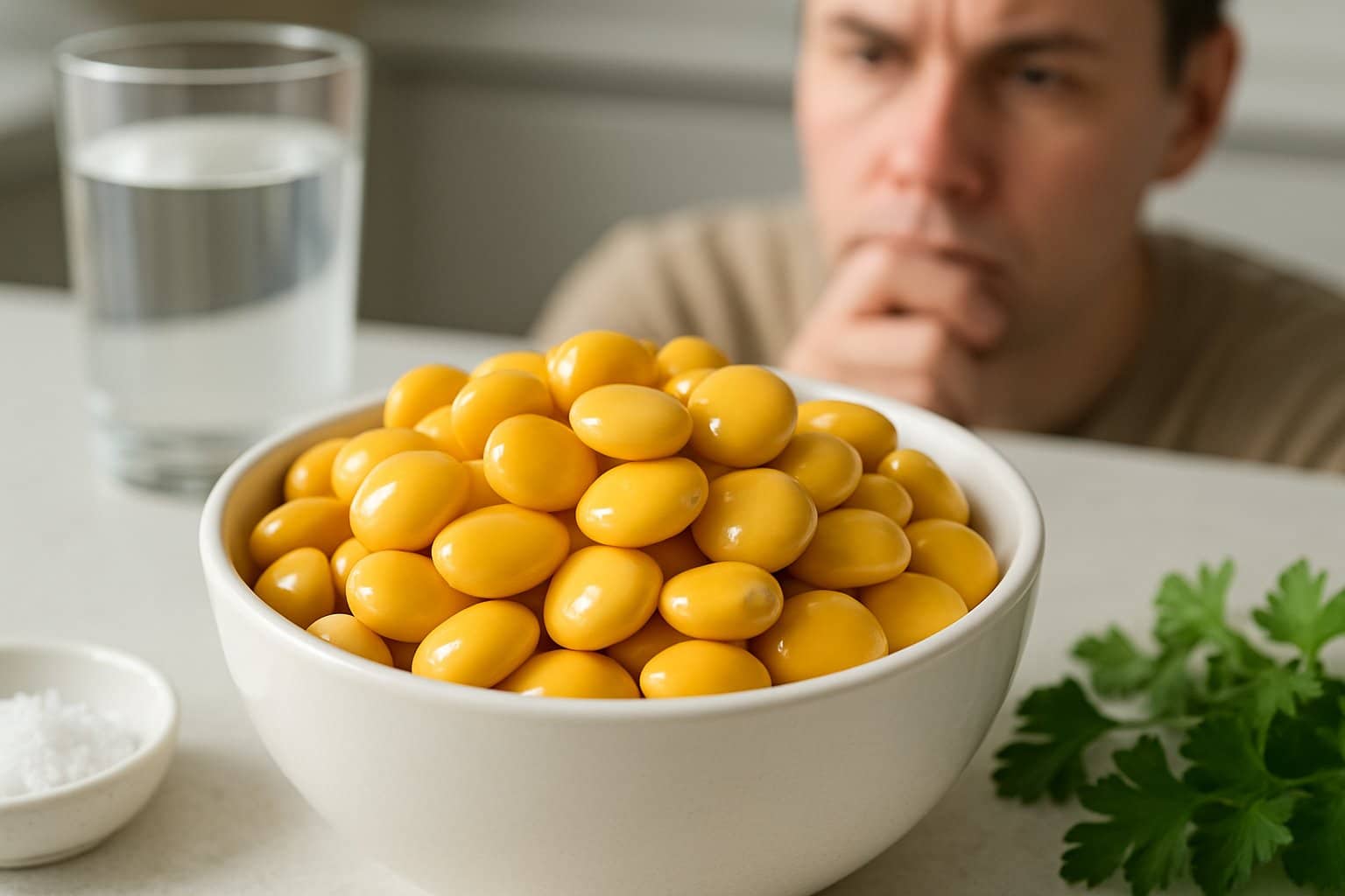 A bowl of cooked lupini beans on a kitchen countertop with a person in the background looking thoughtfully at the beans.