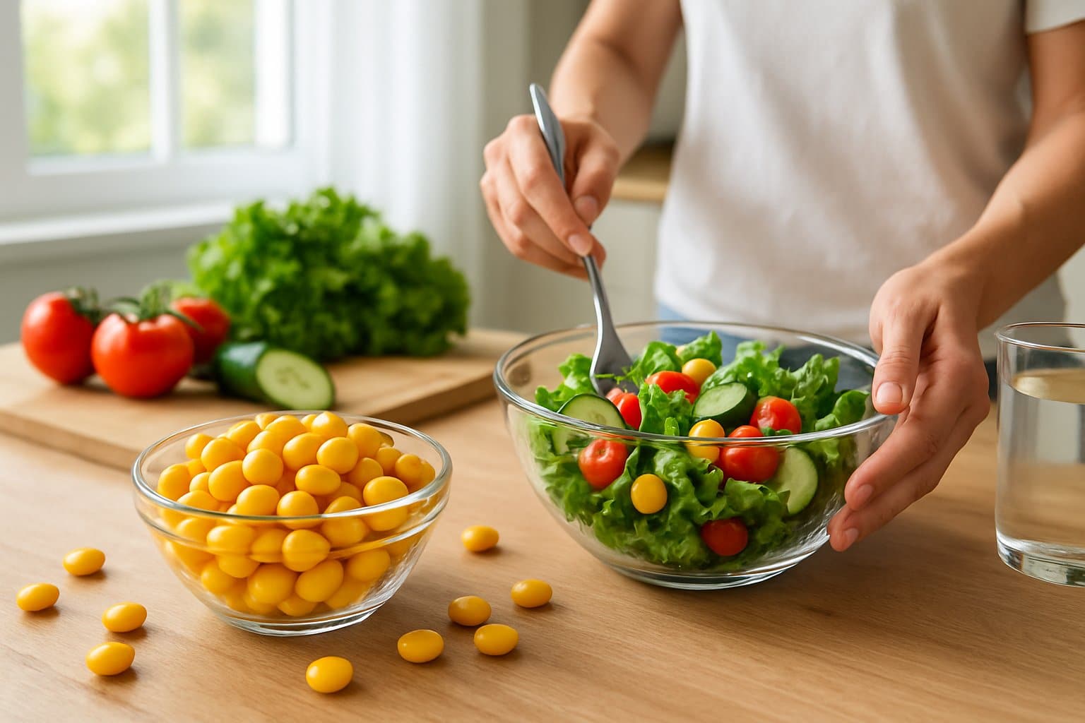 Hands preparing a fresh salad with lupini beans on a kitchen countertop surrounded by fresh vegetables and natural light.