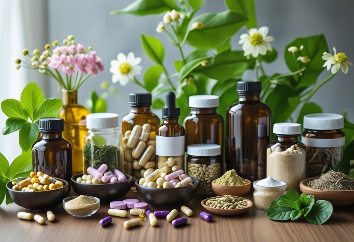 A collection of dietary supplements in bottles and capsules alongside bowls of dried herbs and fresh green leaves on a wooden table.