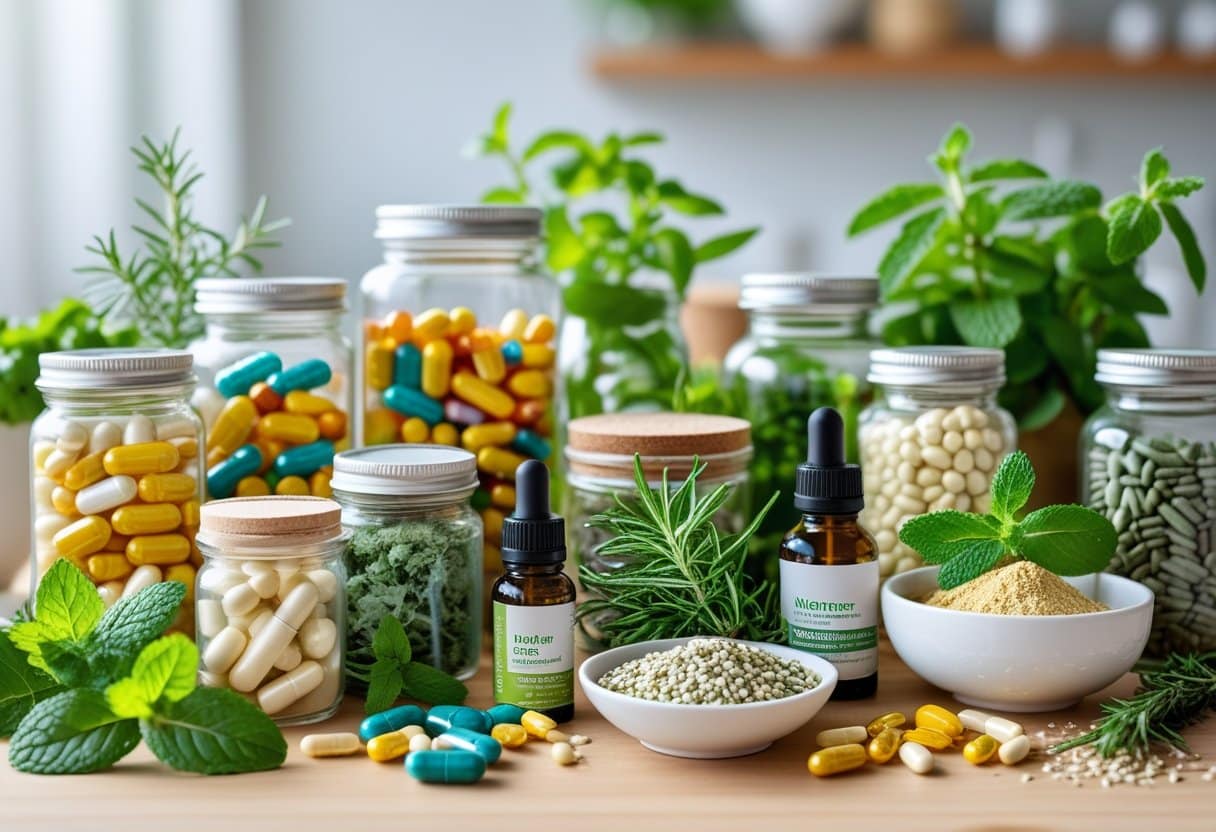 A table displaying various dietary supplements, herbal remedies, and fresh green herbs in a bright, clean setting.