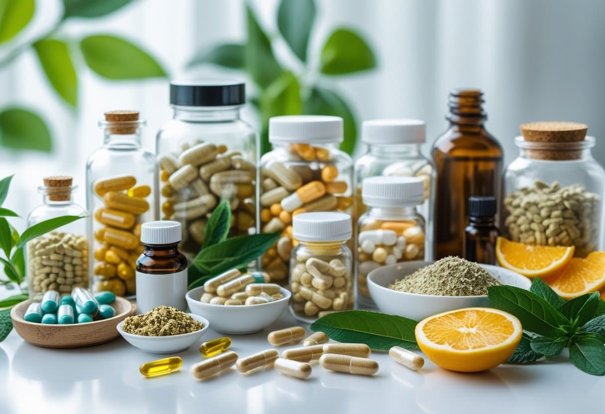A variety of dietary supplements, capsules, tablets, dried herbs, and fresh leaves arranged on a white surface.