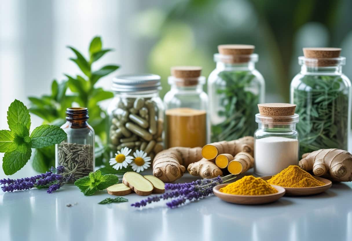 A collection of fresh herbs, roots, and glass jars with dietary supplements arranged on a bright surface.