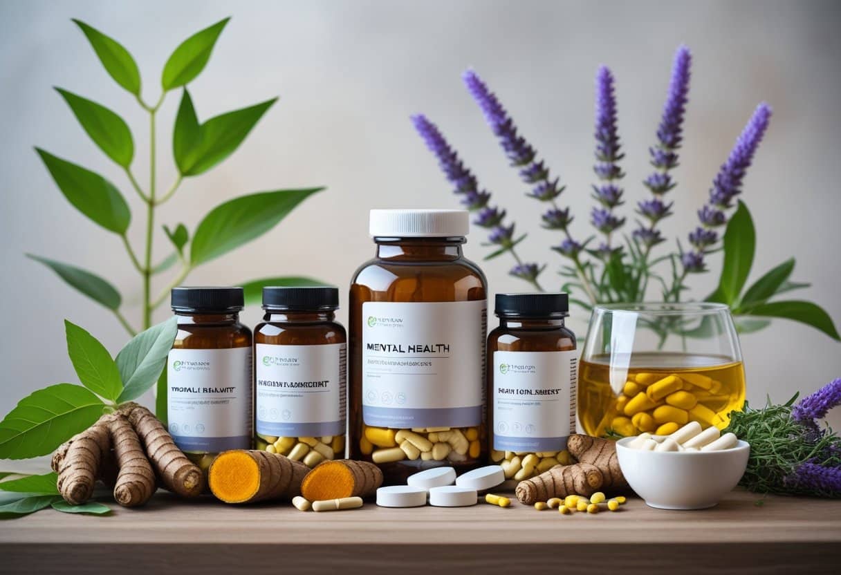 A wooden table displaying various supplement bottles, capsules, and natural ingredients like leaves and flowers related to mental health remedies.
