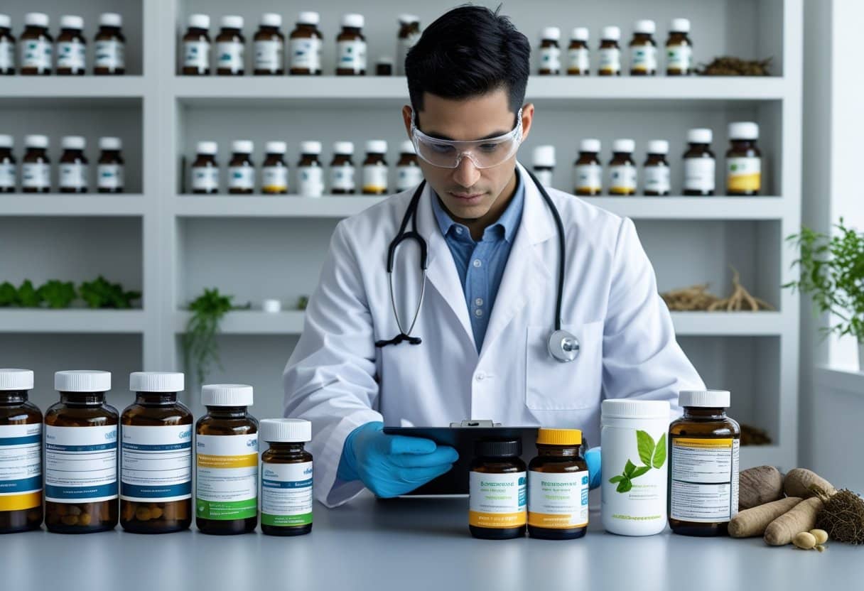 A healthcare professional in a lab coat examines bottles of dietary supplements and natural remedies in a laboratory setting with shelves of supplements and natural ingredients in the background.