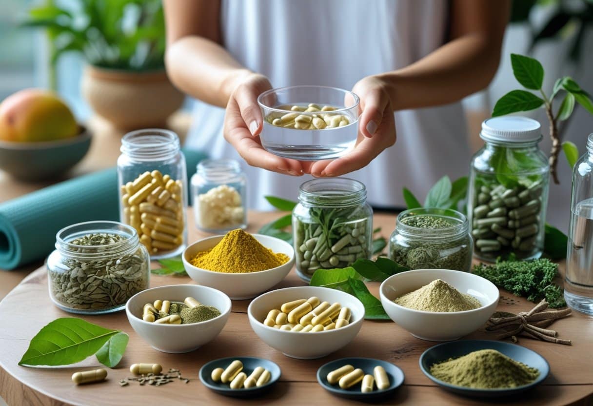 Hands holding capsules and a glass of water near jars of supplements, fresh herbs, and fruits on a wooden table.