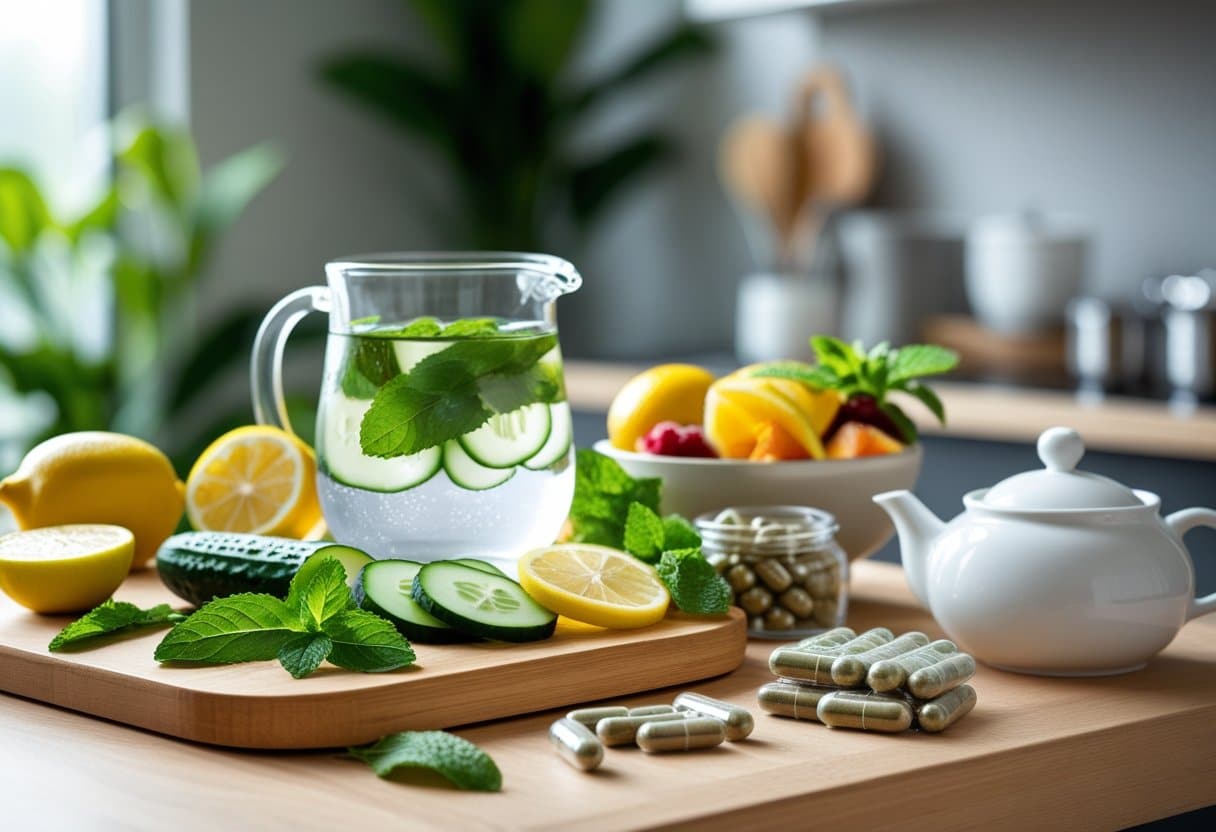 A wooden table with fresh lemon, cucumber, mint, a glass pitcher of infused water, a bowl of fruits, natural supplements, and a teapot with herbal tea in a kitchen setting.