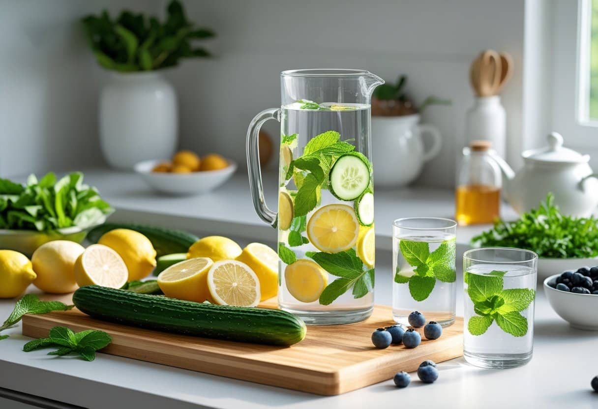 A kitchen countertop with fresh fruits, vegetables, a pitcher of infused water, and natural ingredients arranged for detox and cleansing.