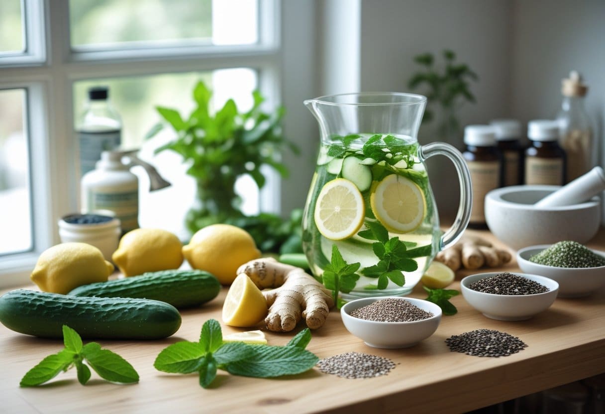 A kitchen countertop with fresh lemons, cucumbers, ginger, mint, a glass pitcher of infused water, and bowls of herbs and seeds for detox and cleansing.