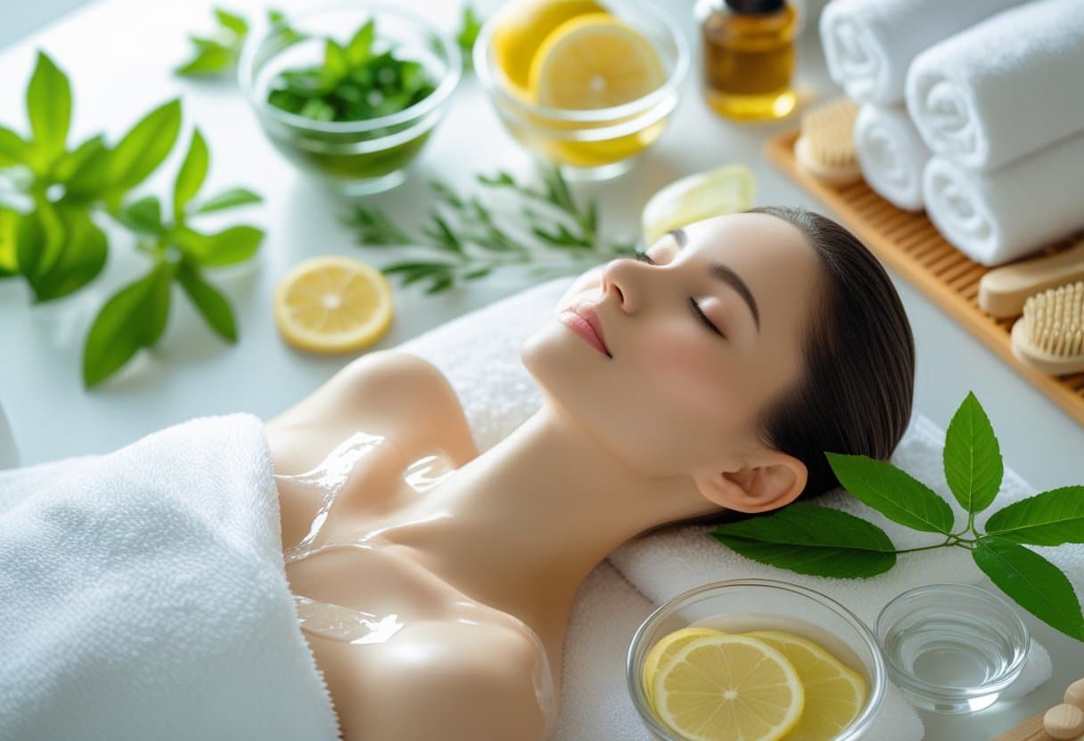 A woman relaxing in a spa receiving a detox treatment surrounded by natural cleansing ingredients and spa tools.
