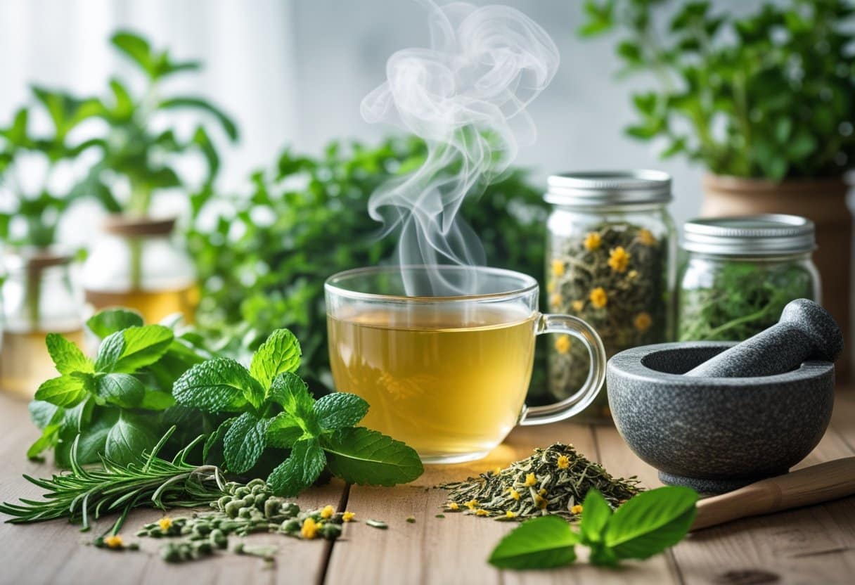 A wooden table with fresh and dried herbs, a steaming cup of herbal tea, and a mortar and pestle arranged for natural detox and cleansing.