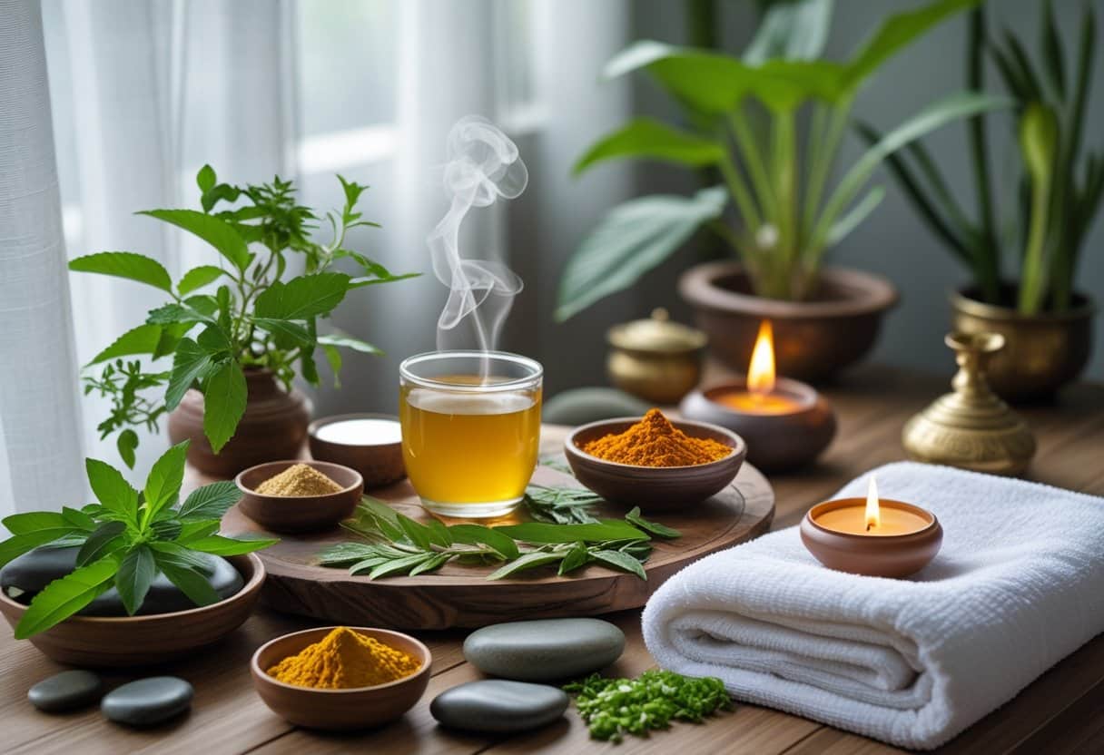 A peaceful wellness scene with herbs, turmeric, herbal tea, stones, candle, and a towel arranged on a wooden table in a softly lit room.