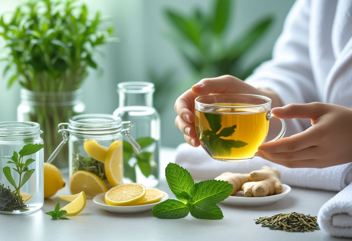 A person holding a cup of herbal tea in a calm spa setting with plants, detox ingredients, and wellness items on a table.