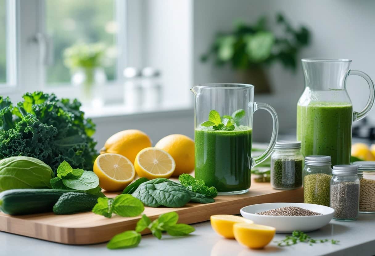 A kitchen countertop with fresh vegetables, citrus fruits, infused water, a green smoothie, and natural health supplements arranged for detox and cleansing.
