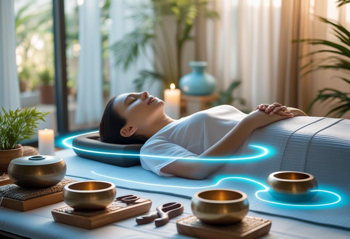 A person lying relaxed on a massage table surrounded by sound healing instruments like singing bowls and tuning forks in a peaceful wellness room.