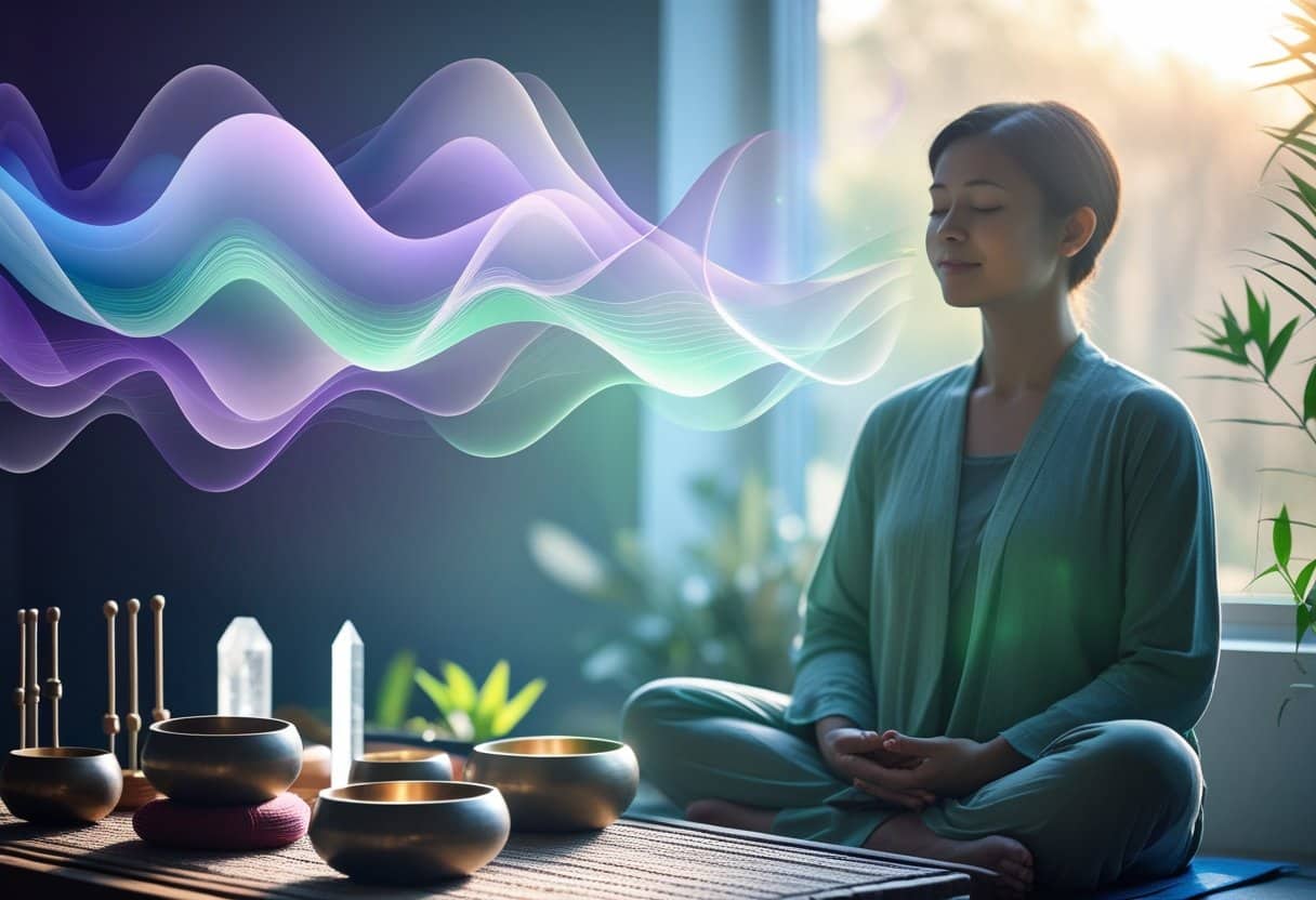 A person meditating surrounded by colorful sound waves with sound healing instruments nearby in a peaceful room with natural light.