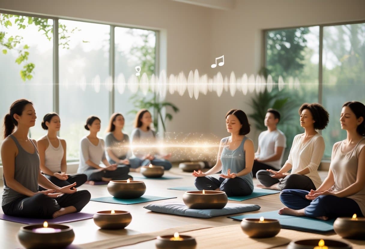 People relaxing in a peaceful wellness studio while a practitioner plays Tibetan singing bowls, with gentle sound waves and soft natural light creating a calm atmosphere.