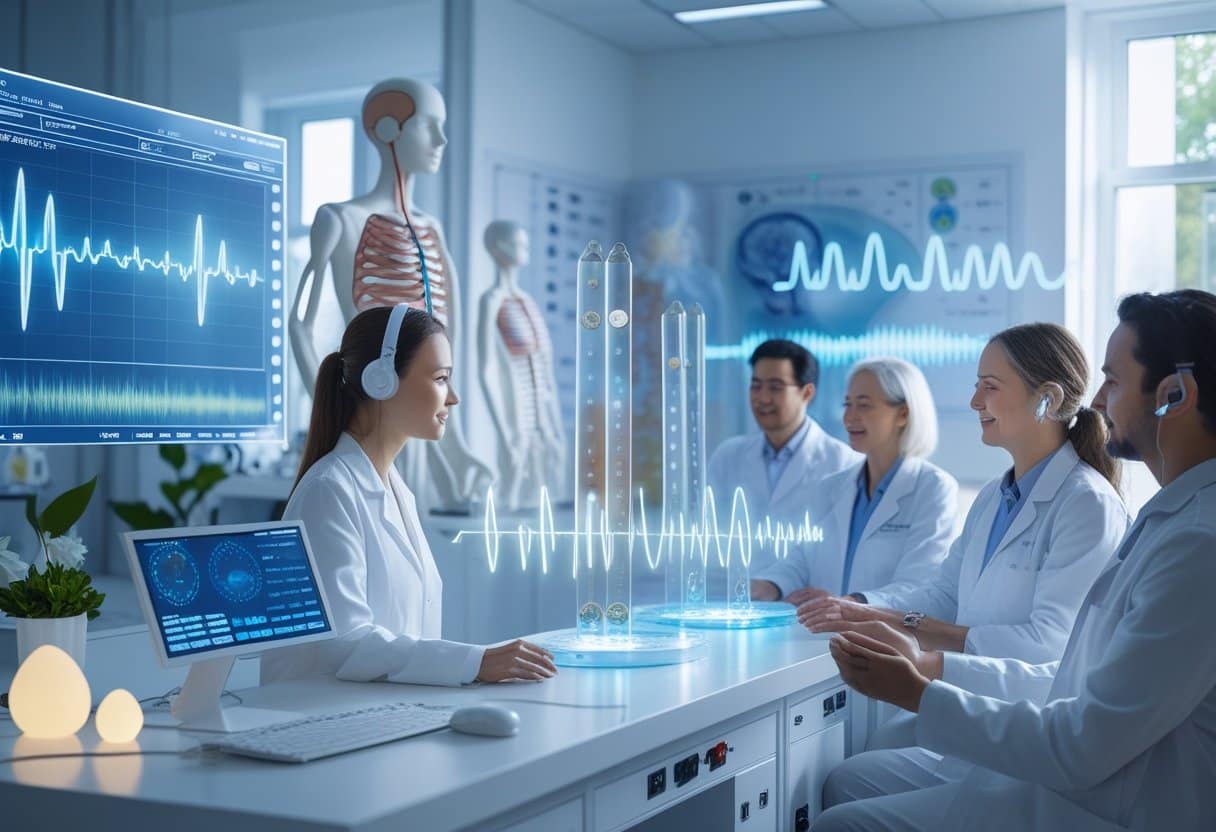 Scientists and health practitioners in a modern lab using sound and vibration equipment to study and apply sound healing therapy on a patient.