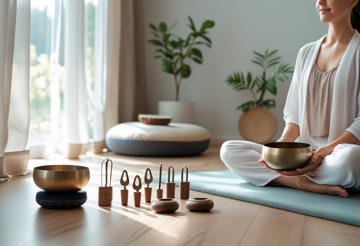 A calm wellness studio with a practitioner holding a Tibetan singing bowl surrounded by sound healing instruments in a peaceful room.