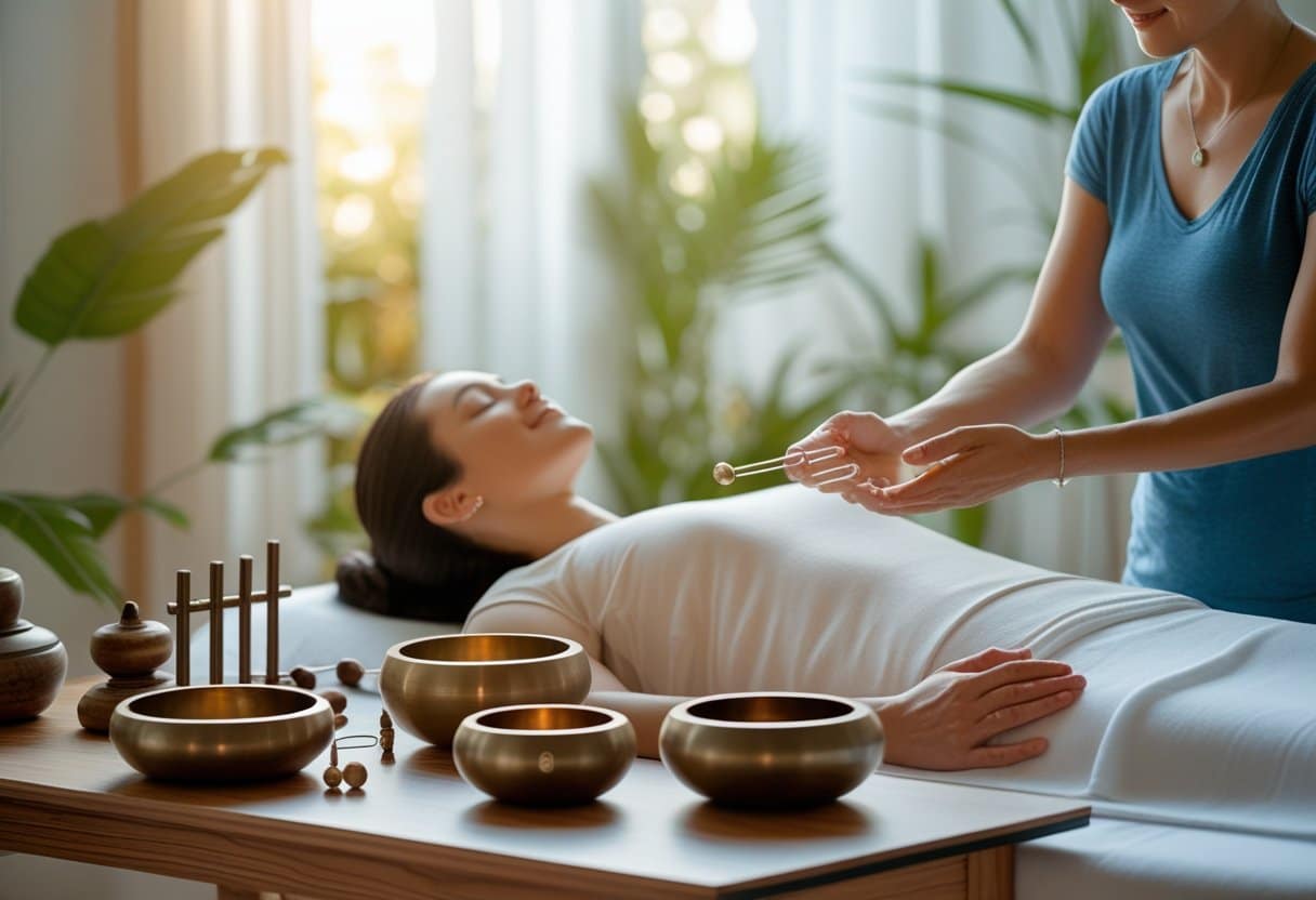 A practitioner holding a tuning fork near a person lying on a massage table in a calm room with sound healing instruments nearby.