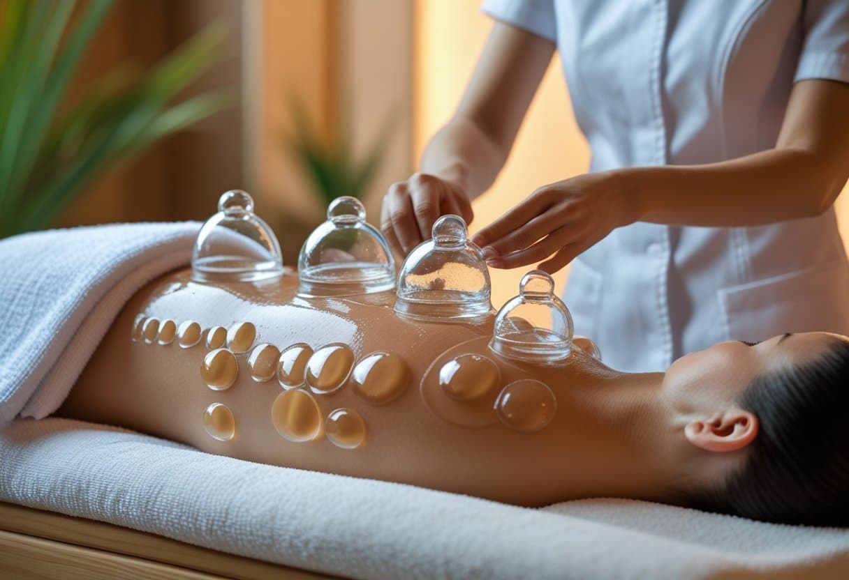 A therapist performing cupping therapy on a client's back in a calm spa environment.