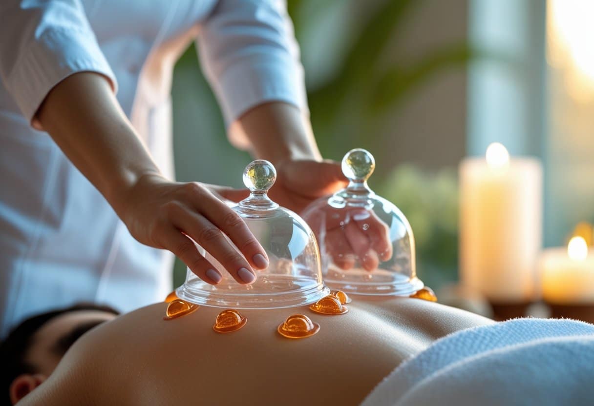 A therapist placing glass cups on a person's back during a cupping therapy session in a calm wellness setting.