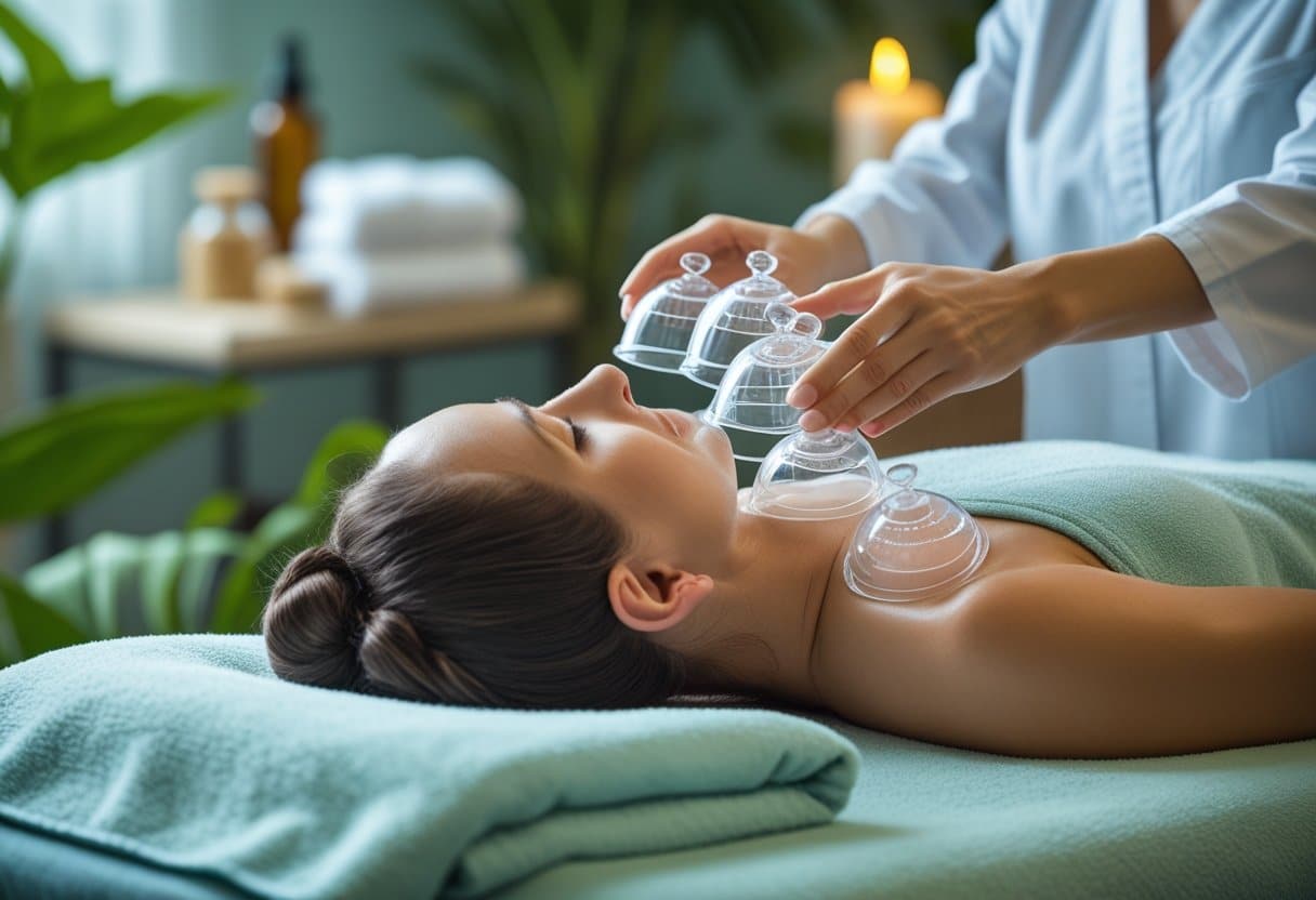 A therapist performing cupping therapy on a person lying face down in a calm spa setting.