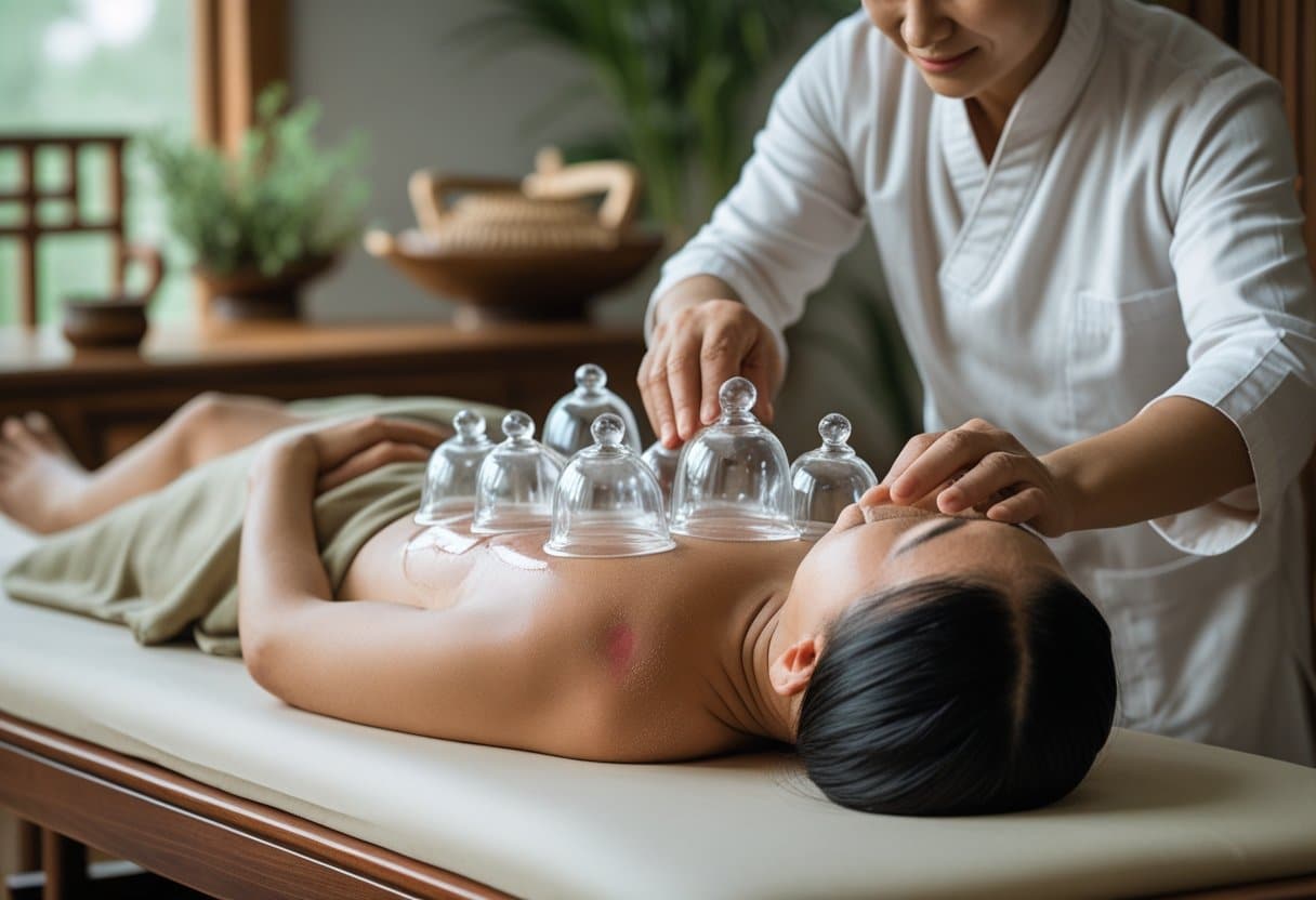 A practitioner placing glass cups on a person's back during a cupping therapy session in a warm, traditional setting.