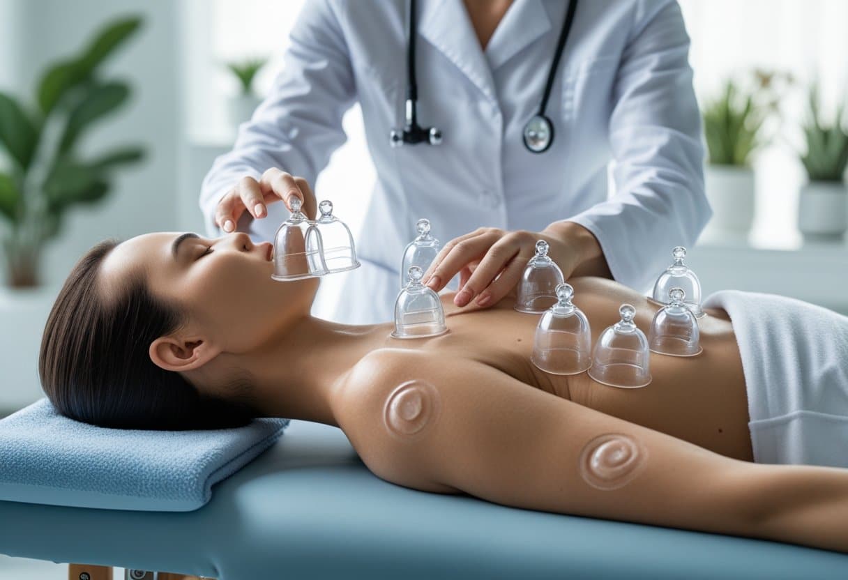 A therapist placing cupping cups on a patient's back in a calm wellness clinic.