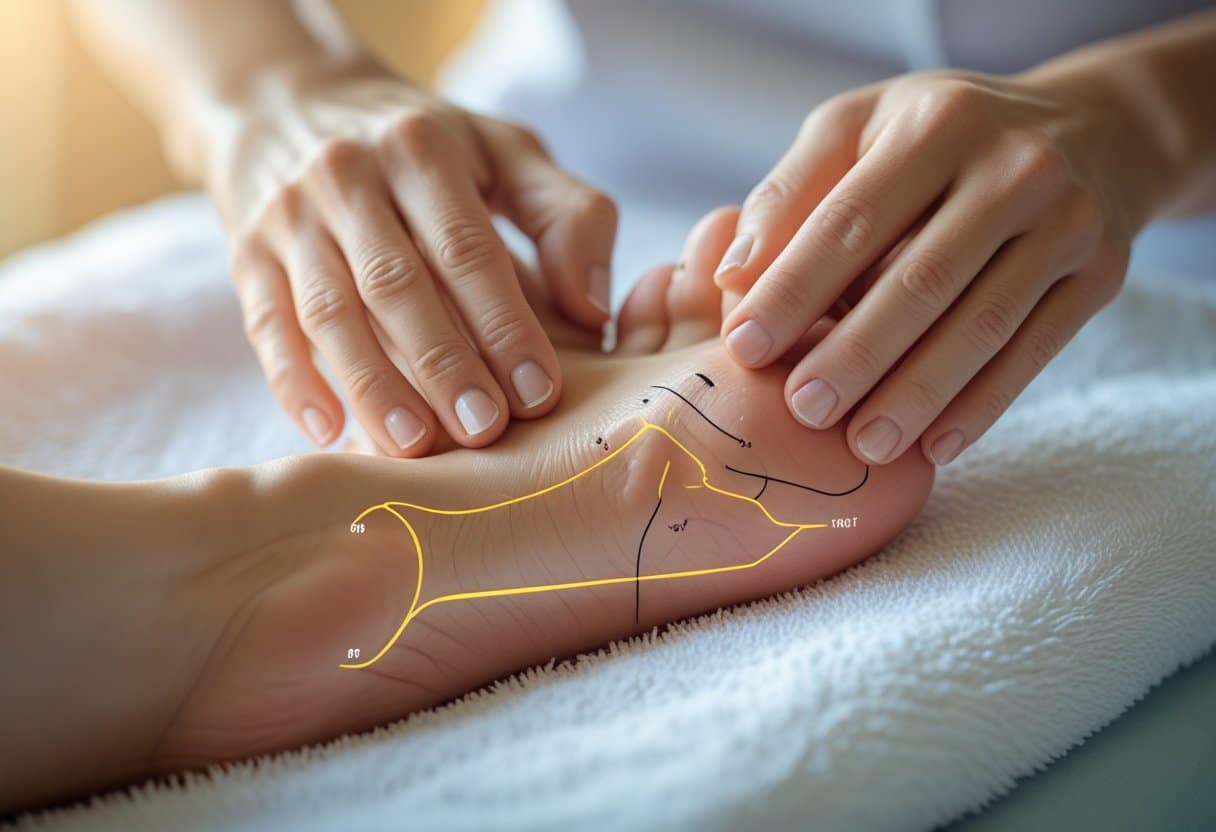 Close-up of hands massaging the sole of a relaxed adult foot with subtle highlights on reflexology pressure points.