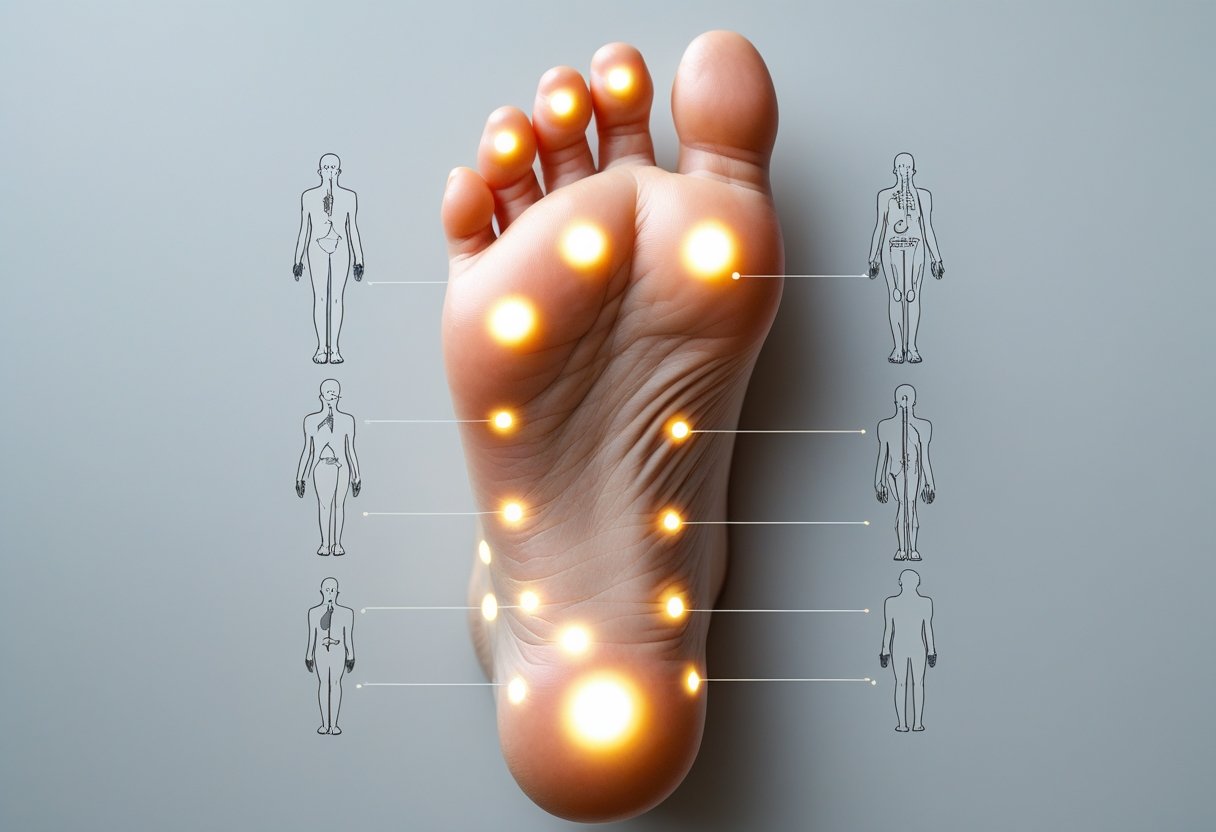Close-up of a human foot with highlighted pressure points and faint anatomical diagrams showing connections to different body parts.