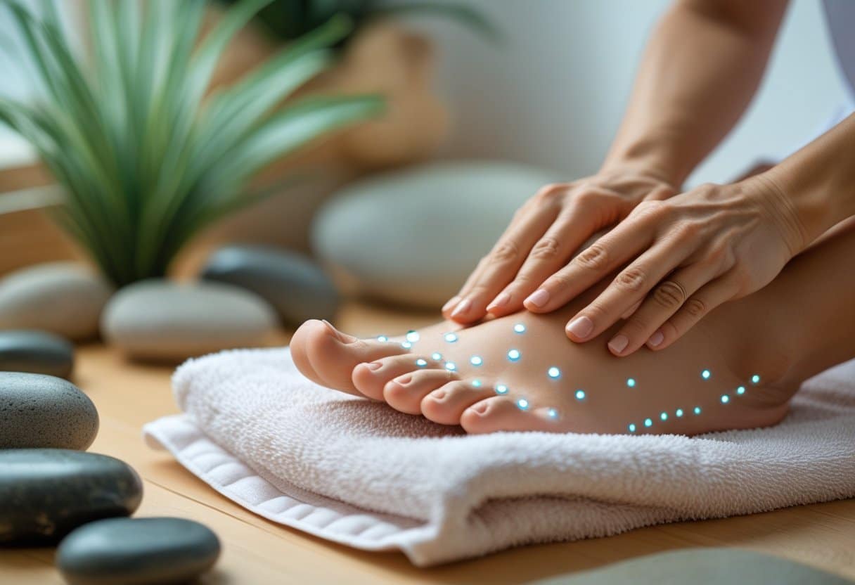 Close-up of a therapist applying pressure to specific points on a person's foot during a foot reflexology session in a calm wellness setting.