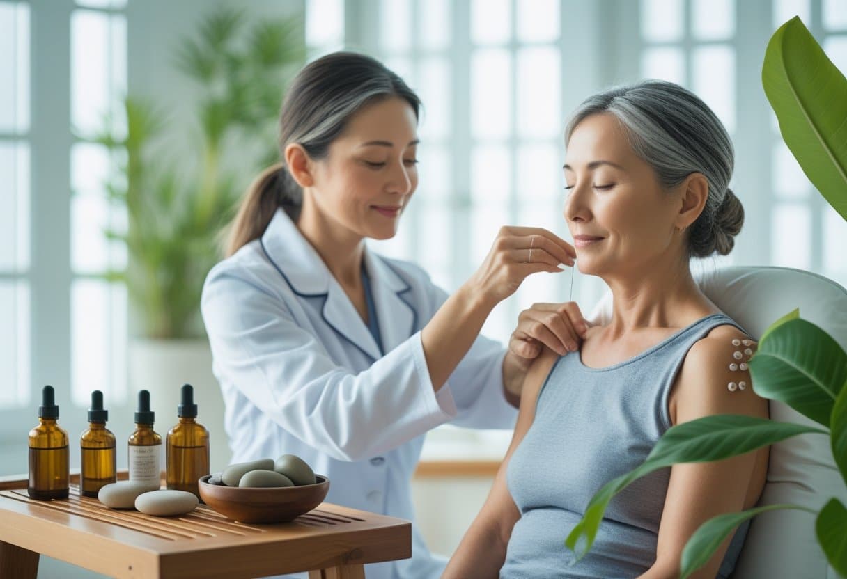 A woman receiving acupuncture treatment from a practitioner in a bright wellness clinic with natural light and calming decor.