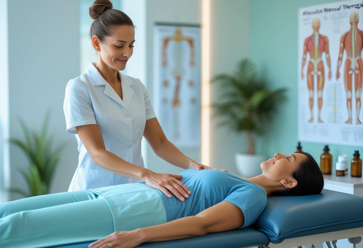 A therapist performing manual therapy on a relaxed patient in a calm treatment room.