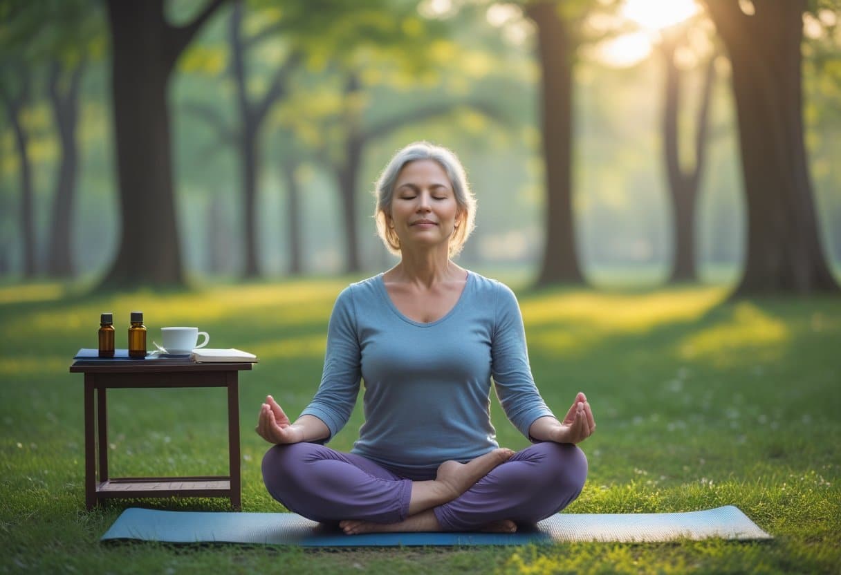 A woman meditating outdoors on a yoga mat surrounded by trees and natural light, with a small table holding essential oils and herbal tea nearby.