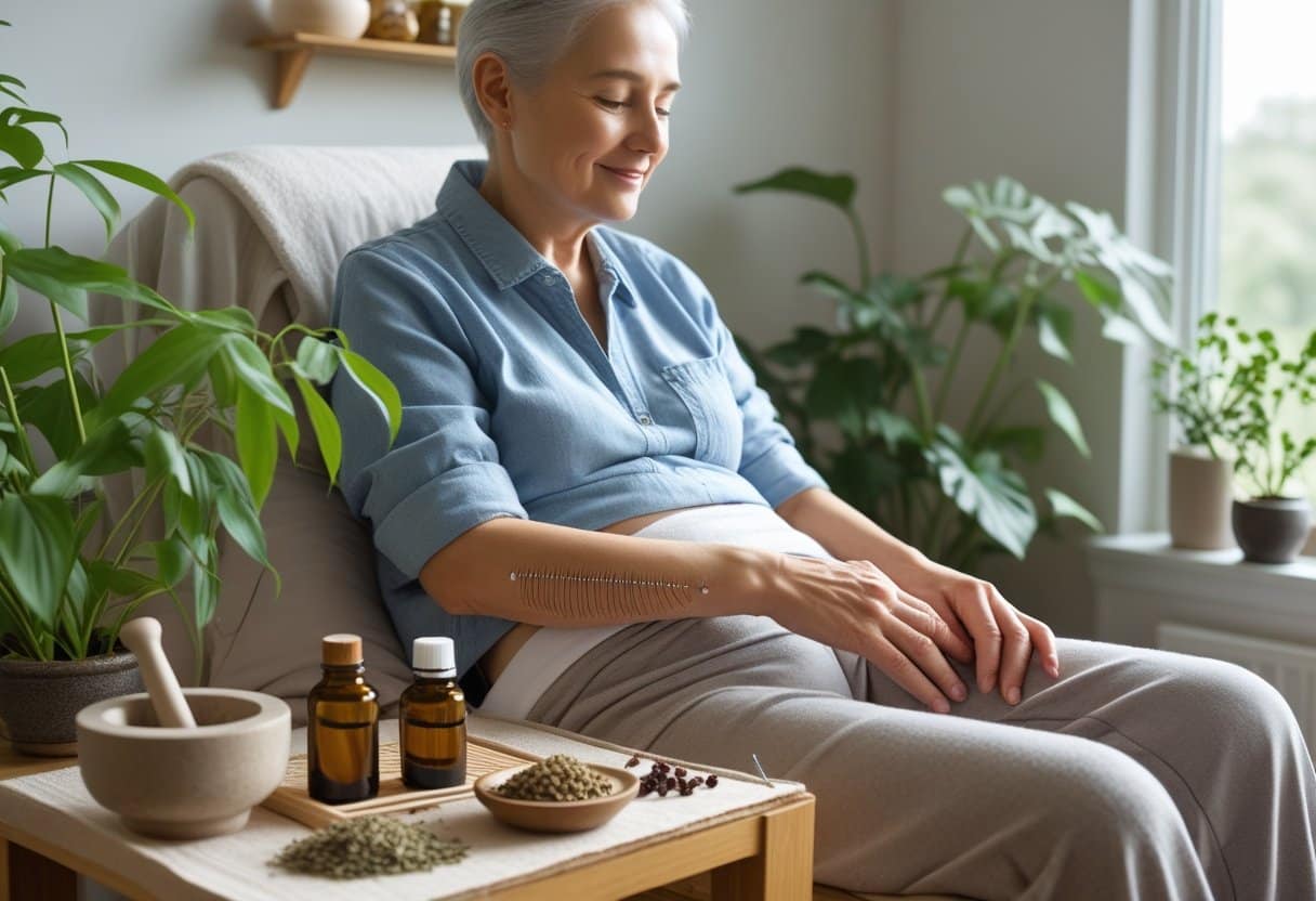 A middle-aged person receiving acupuncture treatment in a peaceful room with natural remedies and plants nearby.
