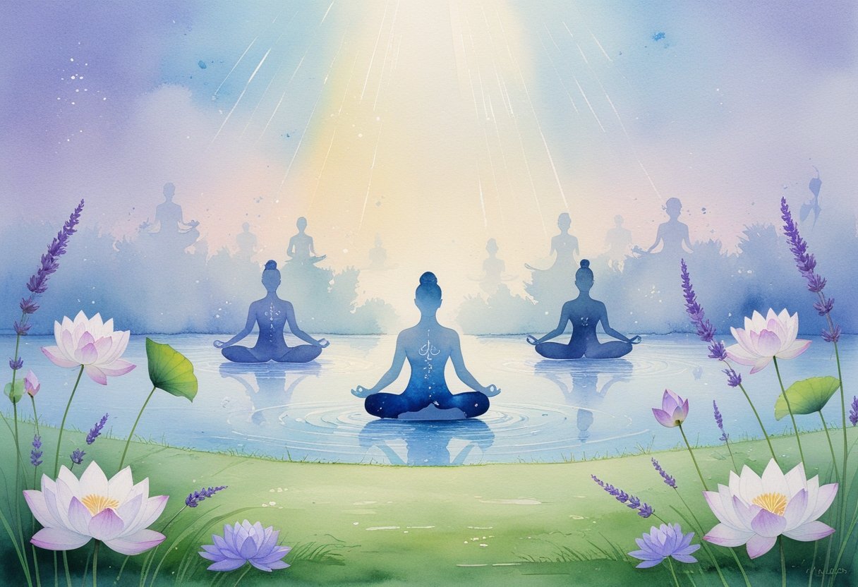 A person meditating cross-legged outdoors surrounded by lotus flowers, flowing water, and natural elements symbolizing peace and healing.