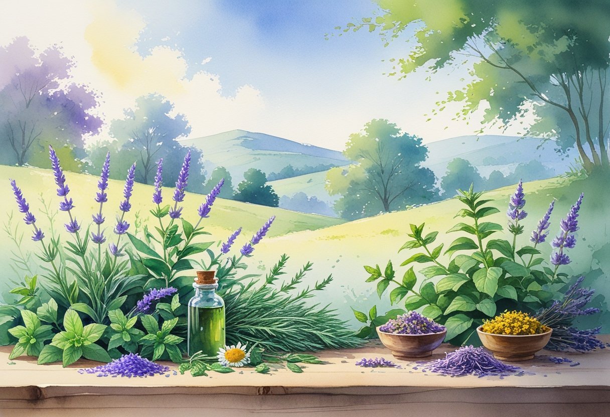 A peaceful natural scene with fresh herbs, a glass bottle, and dried flowers arranged on a wooden surface, set against rolling hills and soft sunlight.