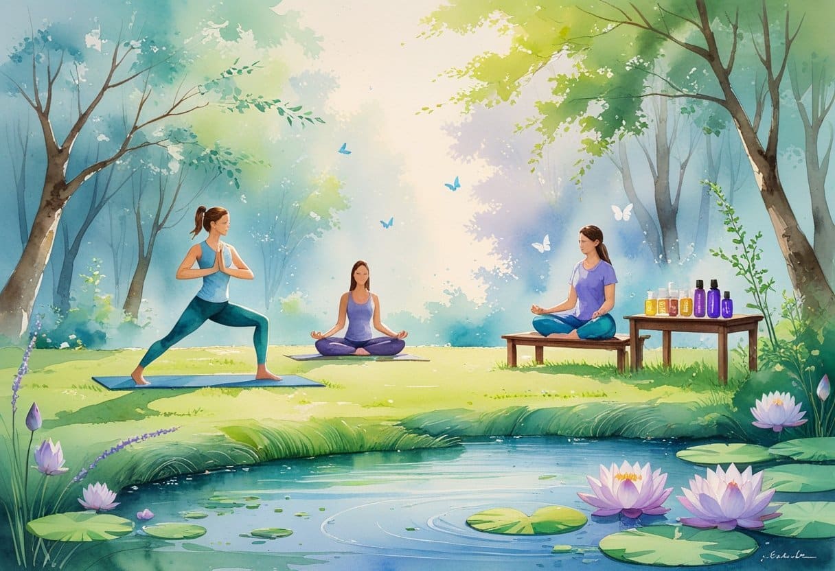 A peaceful outdoor scene showing a person doing yoga on grass and another meditating by a pond with flowers and natural healing items nearby.