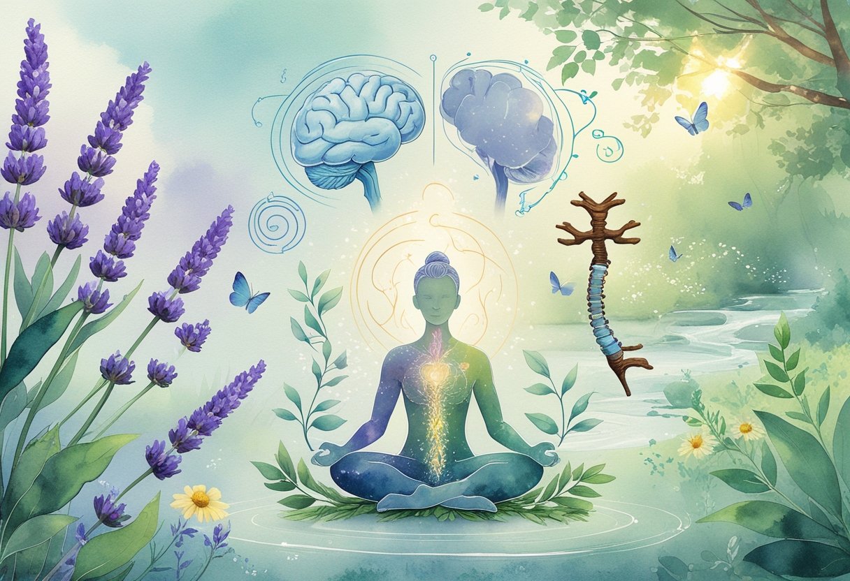 A peaceful scene showing a person meditating surrounded by herbs, natural symbols of the brain and body, and a calm nature background with sunlight and butterflies.