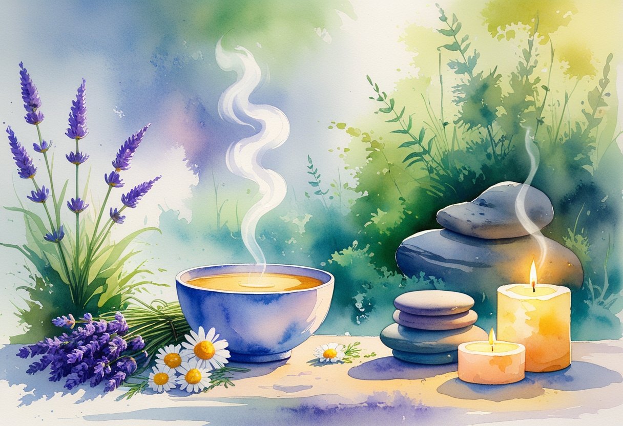 A peaceful garden scene with herbal plants, a bowl of tea, stacked stones, and a glowing candle, creating a calming atmosphere of natural healing.