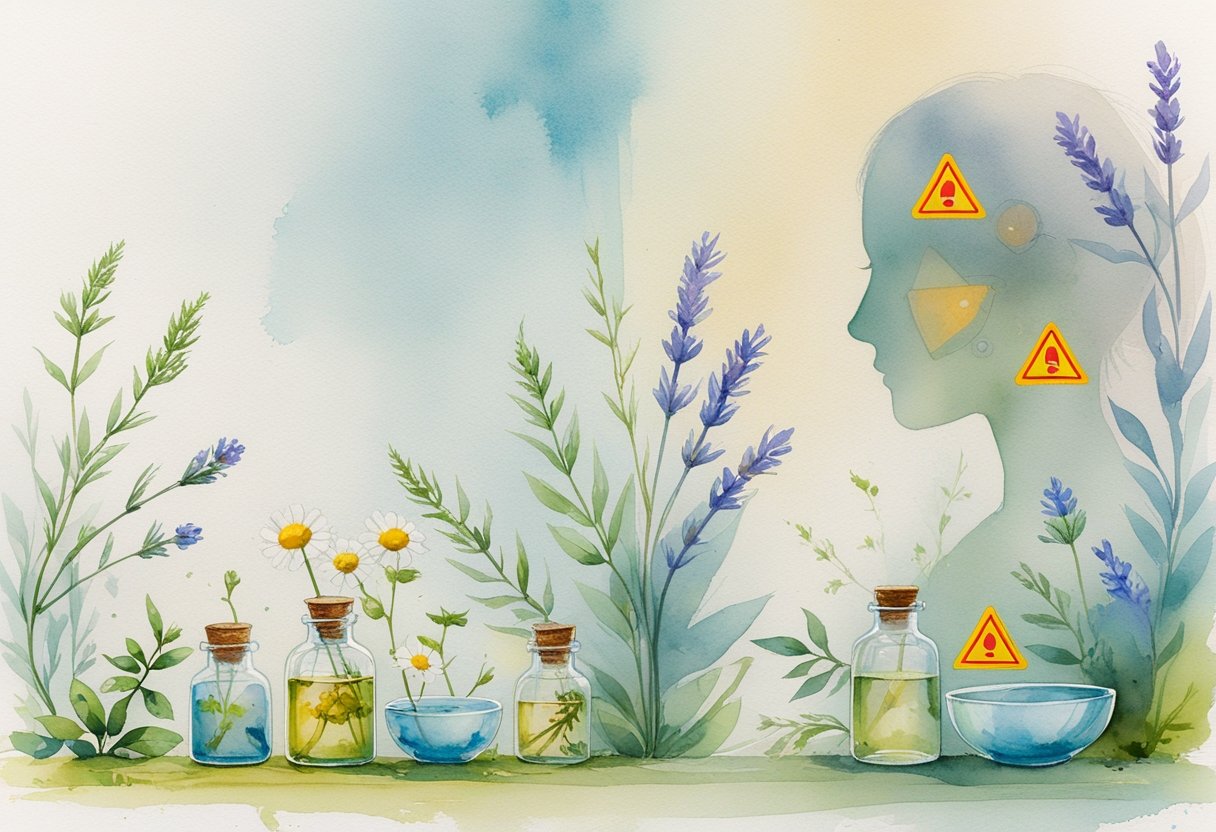 A peaceful scene showing herbal remedies and a human figure with subtle symbols representing caution and safety.